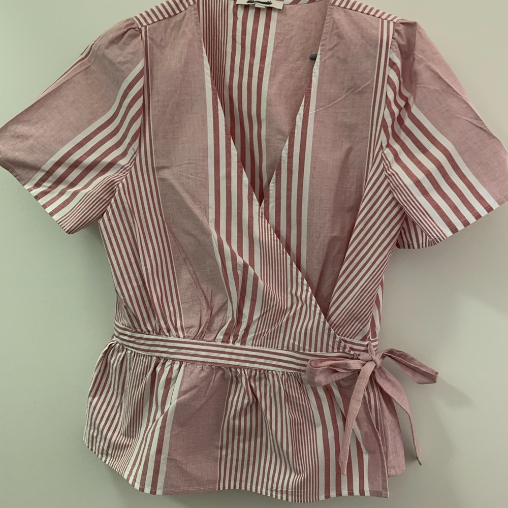 Madewell wrap shirt pinstripe pink and white